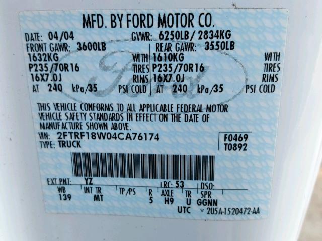 2FTRF18W04CA76174 - 2004 FORD F-150 HERI WHITE photo 10