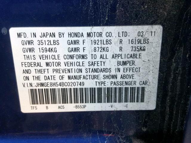 JHMGE8H54BC020749 - 2011 HONDA FIT SPORT BLUE photo 10