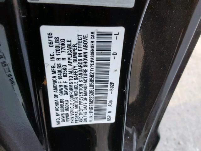 1HGEM22535L058562 - 2005 HONDA CIVIC LX BLACK photo 10