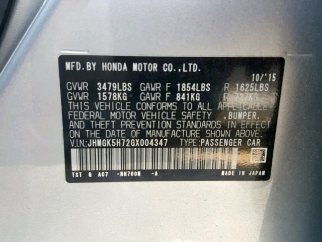 JHMGK5H72GX004347 - 2016 HONDA FIT EX SILVER photo 10