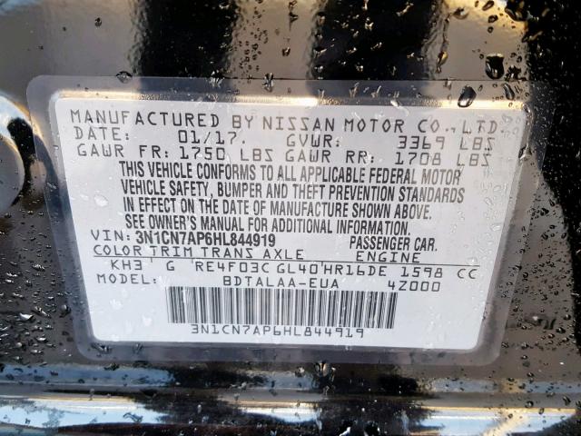 3N1CN7AP6HL844919 - 2017 NISSAN VERSA S BLACK photo 10