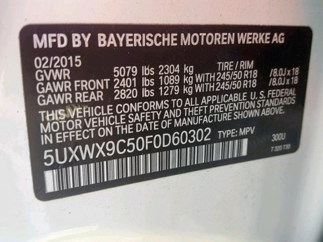 5UXWX9C50F0D60302 - 2015 BMW X3 XDRIVE2 WHITE photo 10