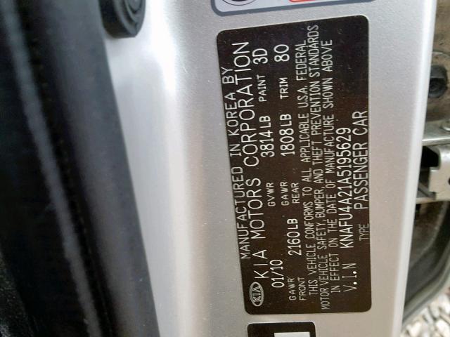 KNAFU4A21A5195629 - 2010 KIA FORTE EX SILVER photo 10