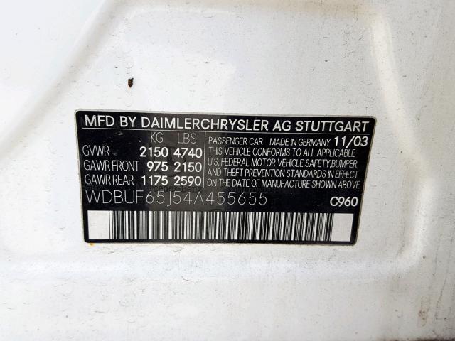 WDBUF65J54A455655 - 2004 MERCEDES-BENZ E 320 WHITE photo 10