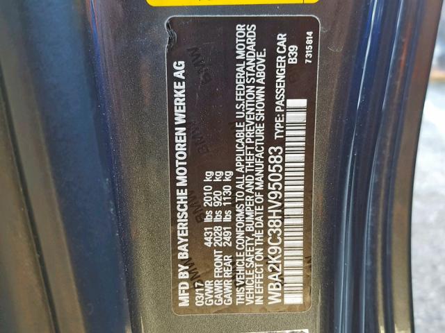 WBA2K9C38HV950583 - 2017 BMW 230I GRAY photo 10