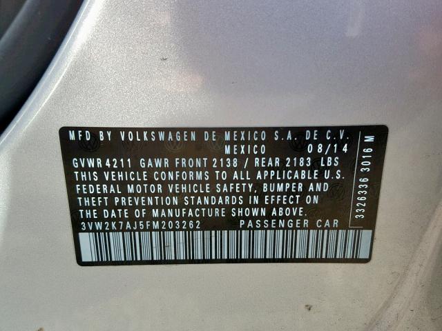 3VW2K7AJ5FM203262 - 2015 VOLKSWAGEN JETTA BASE 银色 照片 10