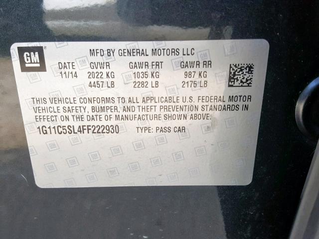 1G11C5SL4FF222930 - 2015 CHEVROLET MALIBU 1LT ნაცრისფერი ფოტო 10