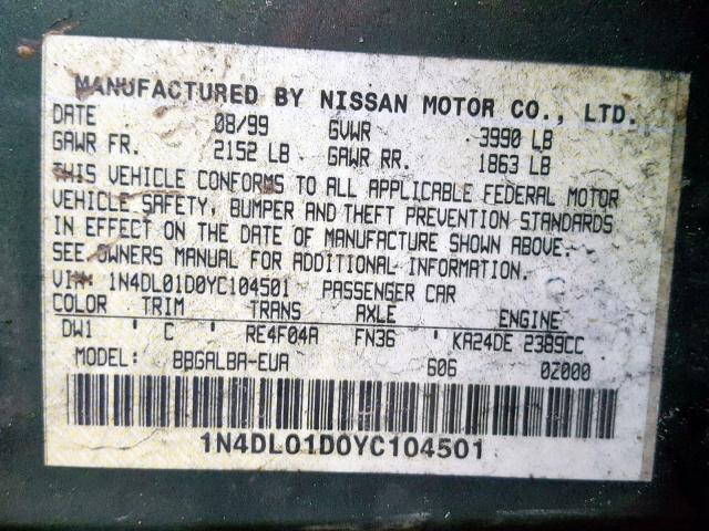 1N4DL01D0YC104501 - 2000 NISSAN ALTIMA XE GREEN photo 10