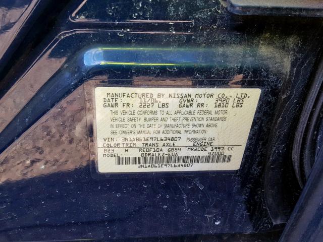 3N1AB61E97L634807 - 2007 NISSAN SENTRA 2.0 BLUE photo 10