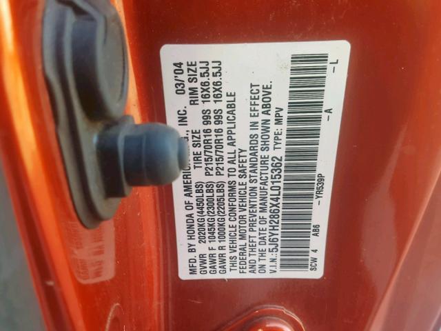 5J6YH286X4L015362 - 2004 HONDA ELEMENT EX ORANGE photo 10