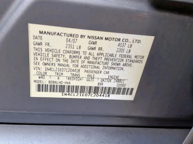 1N4CL21E07C204418 - 2007 NISSAN ALTIMA HYB SILVER photo 10