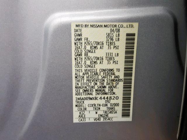 1N6AD09WX8C444820 - 2008 NISSAN FRONTIER C GRAY photo 10