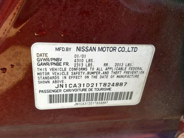 JN1CA31D21T824887 - 2001 NISSAN MAXIMA GXE MAROON photo 10