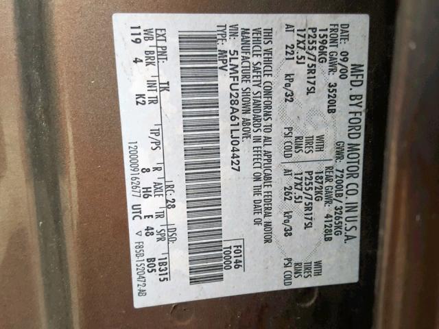 5LMFU28A61LJ04427 - 2001 LINCOLN NAVIGATOR 米色 照片 10