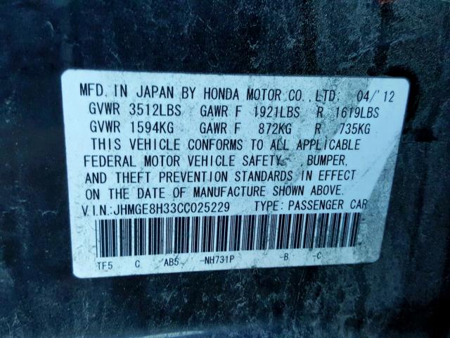 JHMGE8H33CC025229 - 2012 HONDA FIT BLACK photo 10