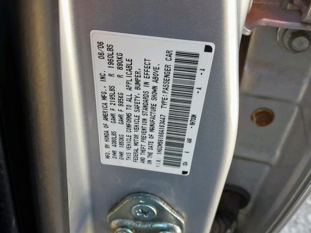 1HGCM56166A163447 - 2006 HONDA ACCORD VAL SILVER photo 10