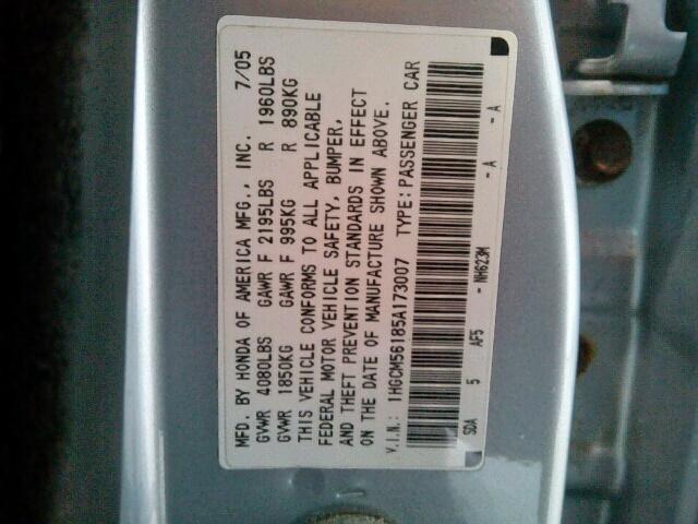 1HGCM56185A173007 - 2005 HONDA ACCORD DX SILVER photo 10