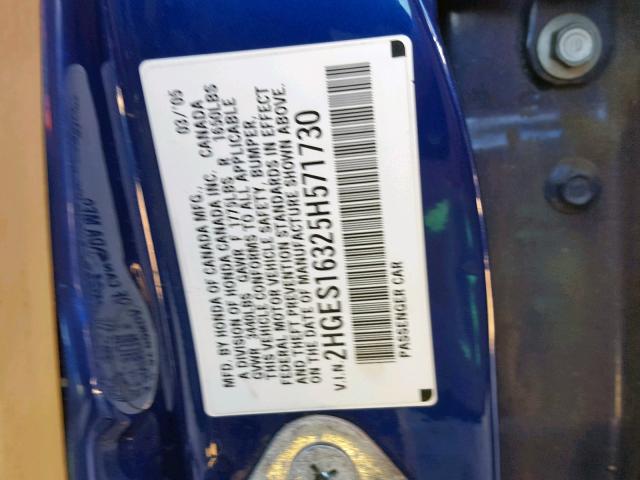 2HGES16325H571730 - 2005 HONDA CIVIC DX V BLUE photo 10