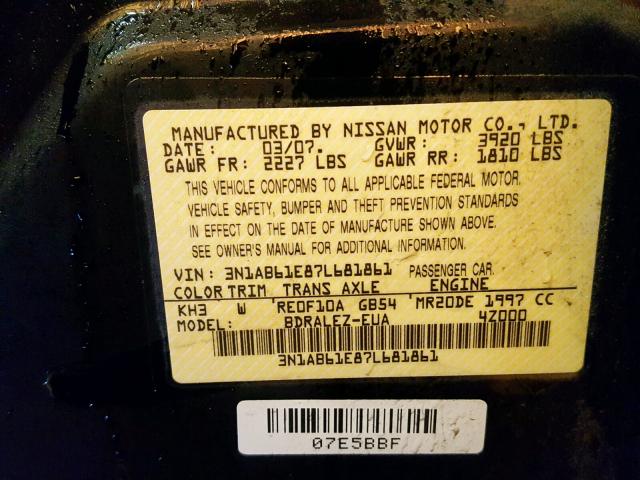 3N1AB61E87L681861 - 2007 NISSAN SENTRA 2.0 BLACK photo 10