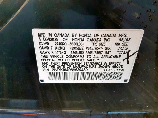 2HJYK16408H539489 - 2008 HONDA RIDGELINE BLACK photo 10