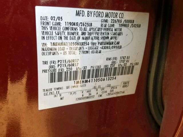 1MEHM41105G613254 - 2005 MERCURY MONTEGO LU RED photo 10