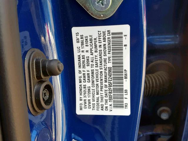 19XFB2F95FE240960 - 2015 HONDA CIVIC EXL BLUE photo 10