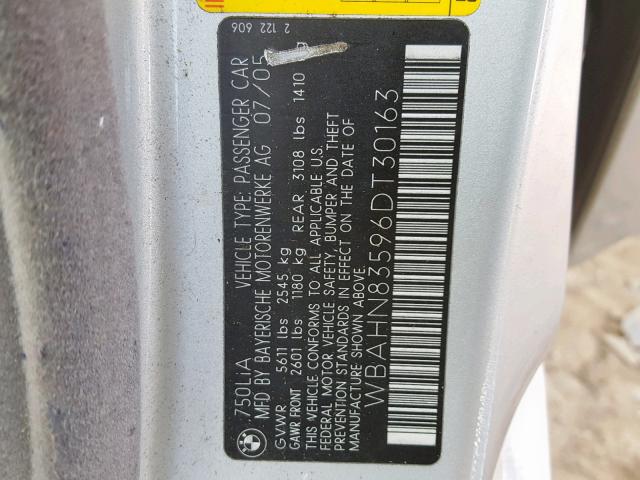 WBAHN83596DT30163 - 2006 BMW 750 LI SILVER photo 10