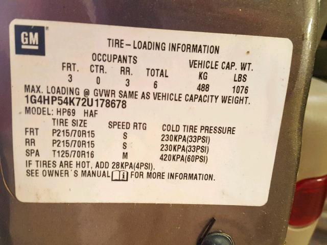 1G4HP54K72U178678 - 2002 BUICK LESABRE CU GOLD photo 10