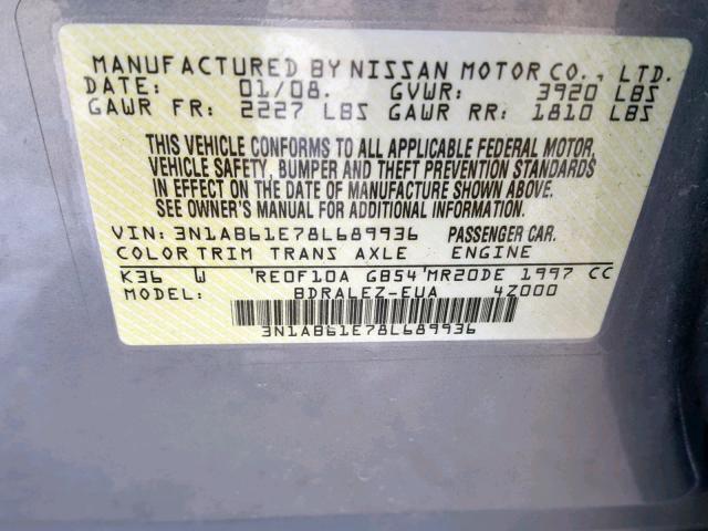 3N1AB61E78L689936 - 2008 NISSAN SENTRA 2.0 GRAY photo 10