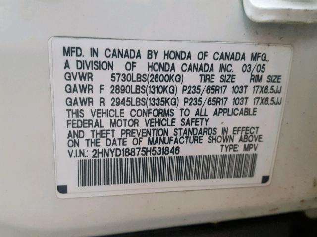 2HNYD18875H531846 - 2005 ACURA MDX TOURIN WHITE photo 10