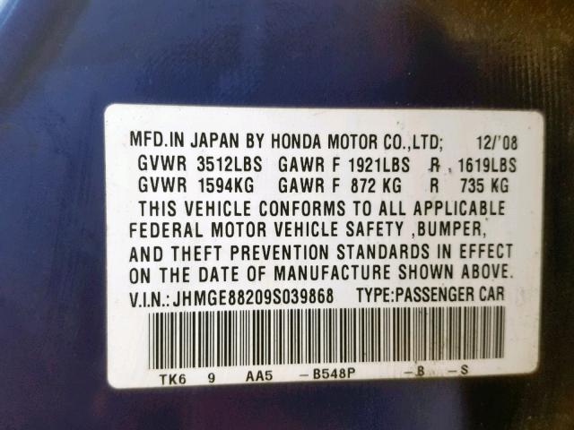 JHMGE88209S039868 - 2009 HONDA FIT BLUE photo 10