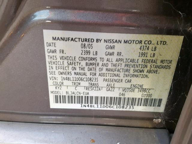 1N4BL11D06C108235 - 2006 NISSAN ALTIMA SE GRAY photo 10