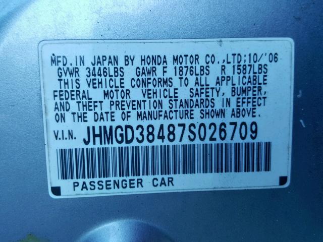 JHMGD38487S026709 - 2007 HONDA FIT SILVER photo 10