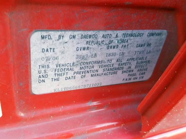 KL1TD66687B711032 - 2007 CHEVROLET AVEO BASE Qırmızı foto 10