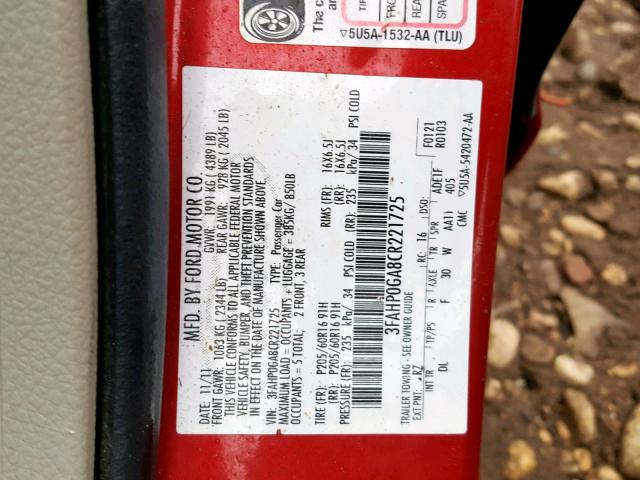 3FAHP0GA8CR221725 - 2012 FORD FUSION S RED photo 10