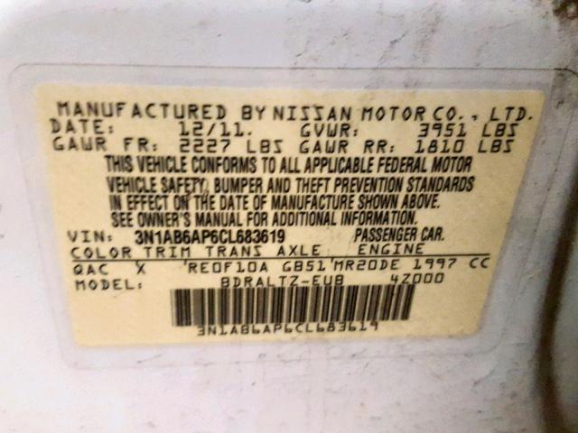 3N1AB6AP6CL683619 - 2012 NISSAN SENTRA 2.0 WHITE photo 10