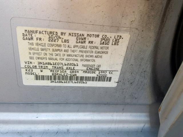 3N1AB61E07L622061 - 2007 NISSAN SENTRA 2.0 SILVER photo 10