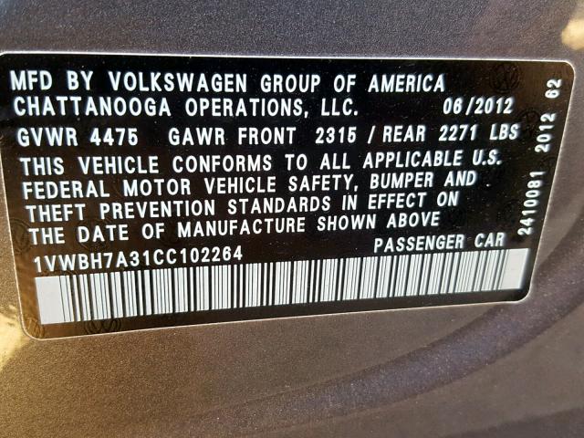 1VWBH7A31CC102264 - 2012 VOLKSWAGEN PASSAT SE GRAY photo 10