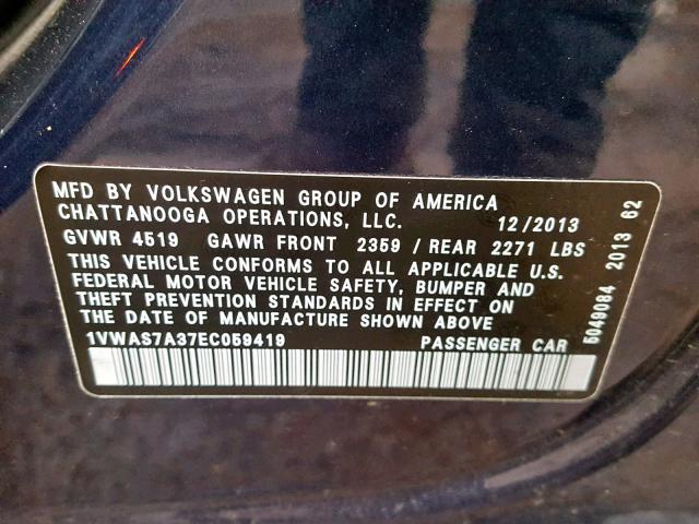 1VWAS7A37EC059419 - 2014 VOLKSWAGEN PASSAT S BLUE photo 10