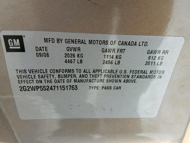 2G2WP552471151763 - 2007 PONTIAC GRAND PRIX BROWN photo 10