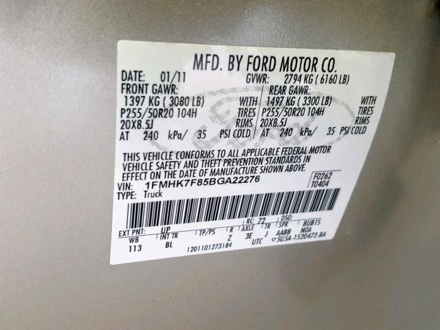 1FMHK7F85BGA22276 - 2011 FORD EXPLORER L GOLD photo 10