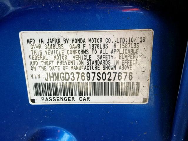 JHMGD37697S027676 - 2007 HONDA FIT S 蓝色 照片 10