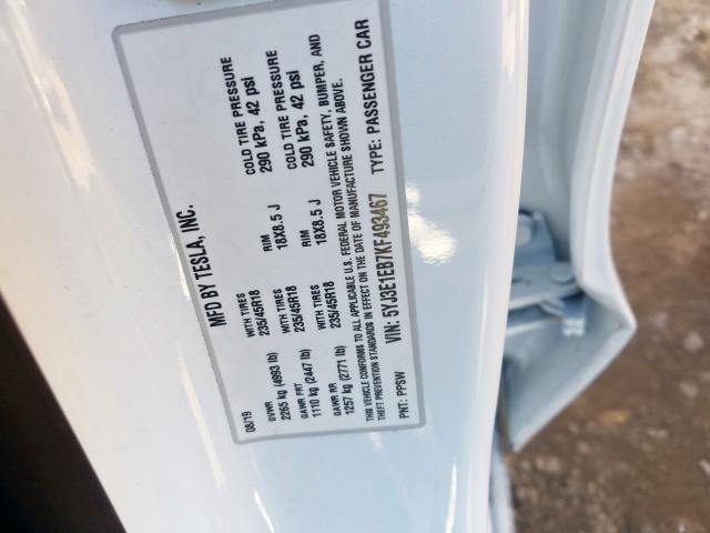 5YJ3E1EB7KF493467 - 2019 TESLA MODEL 3 WHITE photo 10