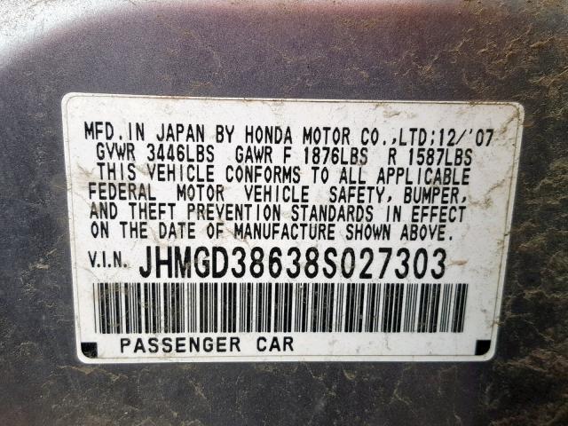 JHMGD38638S027303 - 2008 HONDA FIT SPORT GRAY photo 10