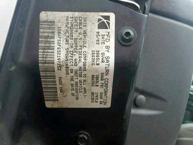 1G8AF52F63Z197252 - 2003 SATURN ION LEVEL SILVER photo 10