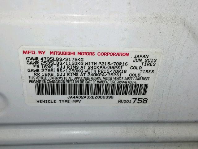 JA4AD2A3XEZ006396 - 2014 MITSUBISHI OUTLANDER WHITE photo 10