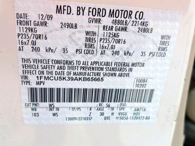 1FMCU5K39AKB65665 - 2010 FORD ESCAPE HYB WHITE photo 10