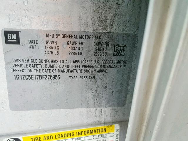1G1ZC5E17BF276956 - 2011 CHEVROLET MALIBU 1LT 银色 照片 10