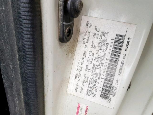 4A3AE45G91E181846 - 2001 MITSUBISHI ECLIPSE SP WHITE photo 10