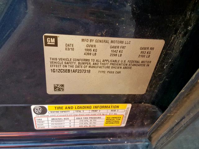 1G1ZC5EB1AF237318 - 2010 CHEVROLET MALIBU 1LT BLUE photo 10